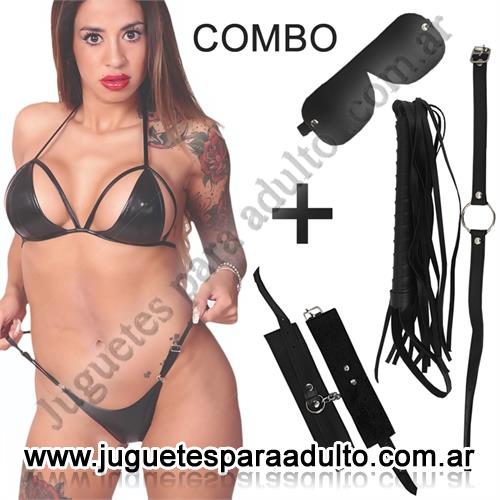 Cueros eróticos, Accesorios de cuero, Kit de ecocuero negro con antifaz, mordaza, esposas, latigo y conjunto de vinilo