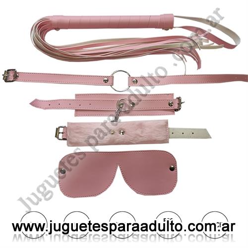 Cueros eróticos, Accesorios de cuero, Kit de ecocuero rosa con antifaz, mordaza, esposas y latigo