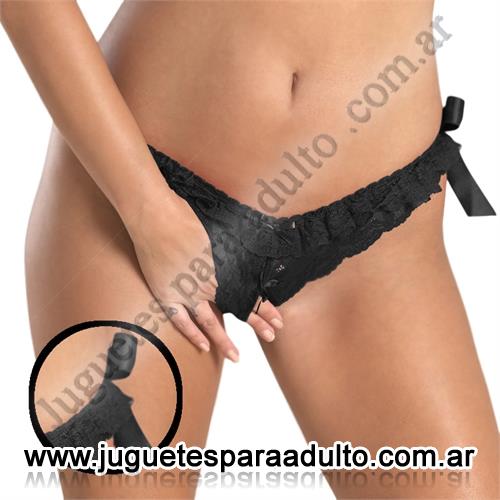 Lencería femenina, Tangas eroticas, Tanga negra con apertura por delante desmontable