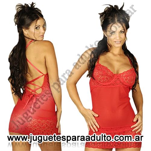 OFERTAS, Discontinuos, Vestido rojo semitrasparente con detalles de raso y colales