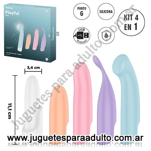 Vibradores, Vibradores Usb recargables, Playful Four estimulador con kit de 4 cabezales diferentes